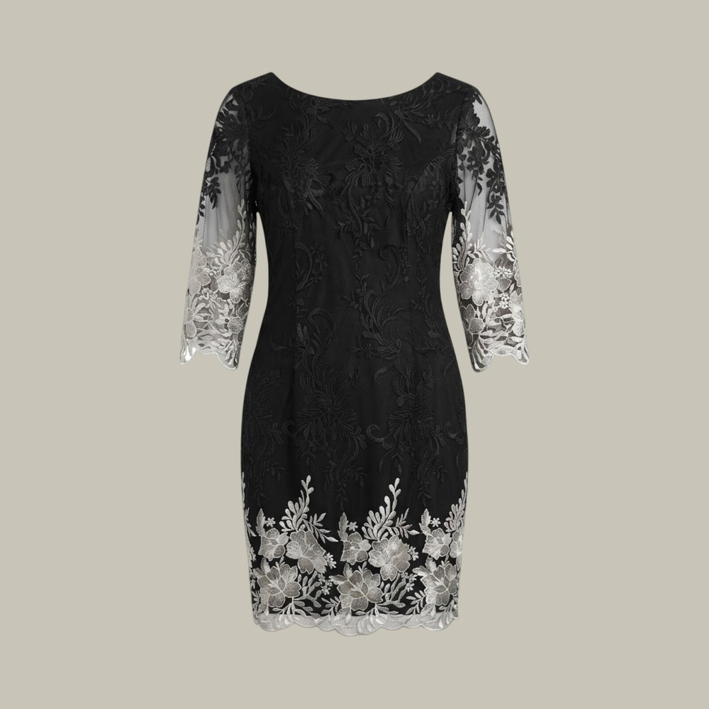Elegant White House Black Market Black Silver Floral Embroidered Mesh Sheath 6